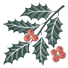 Holly leaves and red berries icon flat style vector 1