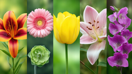 A vibrant collage showcases the beauty of diverse flowers including lilies, tulips, gerbera daisies, and stock flowers against soft blurred backgrounds in nature.