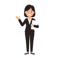 Confident business woman gesturing and holding documents in a professional setting illustration