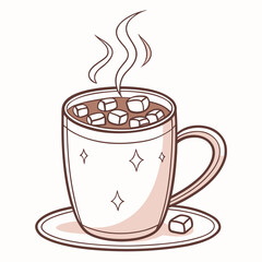 Hot cocoa mug with marshmallows and steam on saucer