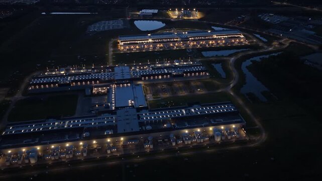 High-tech server farm with artificial intelligence at nightfall.
