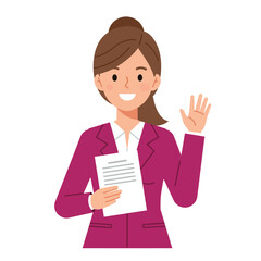 Smiling business woman in blazer holding paper waving hand friendly greeting professional image illustration
