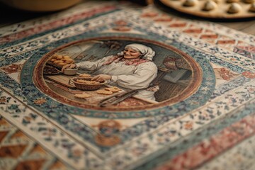 A painting depicting a woman baking a pie