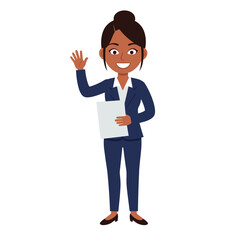 Smiling businesswoman waving hello holding document cheerful professional employee concept illustration