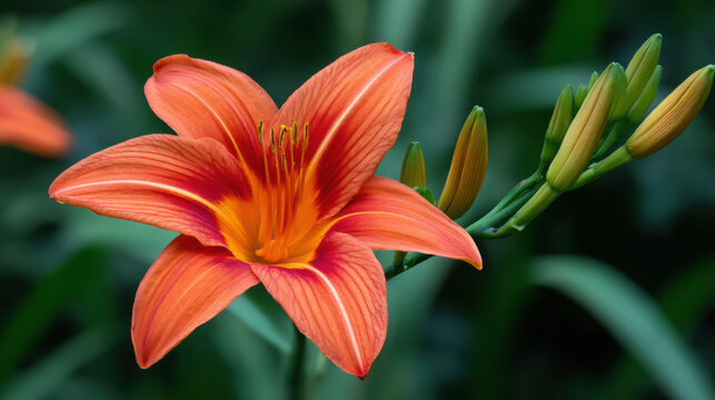 A vibrant orange daylily blossom with striking red accents and prominent stamen is accompanied by unopened buds in a lush green garden setting outdoors. - Powered by Adobe