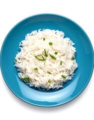 Fluffy white rice on a teal plate.  Freshly cooked, loose grains, topped with sliced green onions.  Appears ready to eat