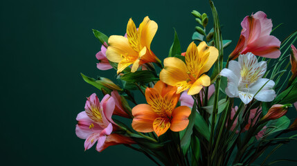 Fototapeta premium A vibrant bouquet of colorful alstroemeria flowers bursts forth against a dark green background, showcasing the beauty of nature's delicate floral arrangement.