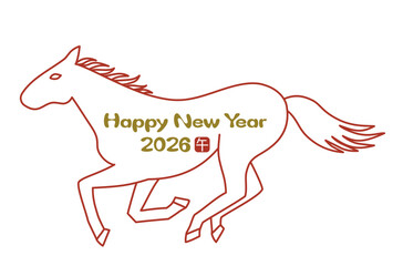 シンプルな線画の走る馬の2026年（午年）年賀状イラスト