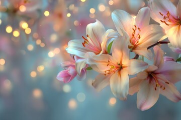 Elegant white and pink lilies with glowing bokeh lights create a delicate and serene backdrop.