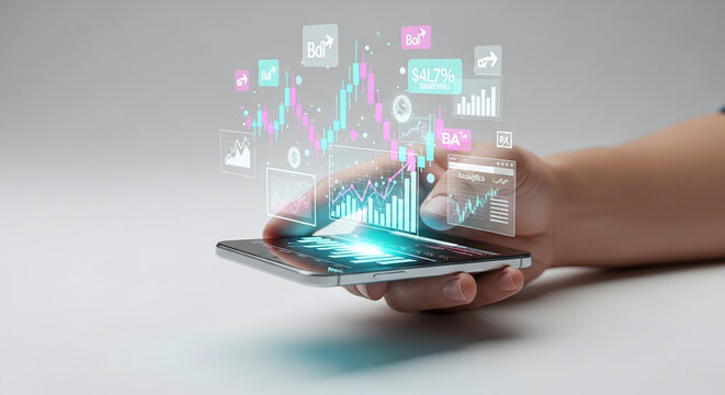 Person's hand holding a smartphone with floating holographic financial charts and data analytics displays isolated on a transparent background - Powered by Adobe