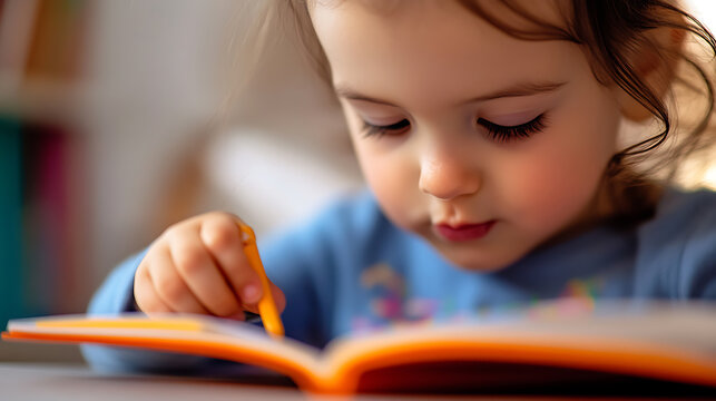 A young girl with a focused gaze, engrossed in drawing within a brightly colored book, capturing the essence of childhood creativity and concentration.
