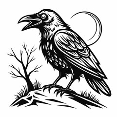 Black raven perched on rock with bare tree and moon