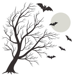 Black silhouette bare tree with bats flying around full moon