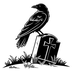 Naklejka premium Black silhouette crow perched on tombstone with cross