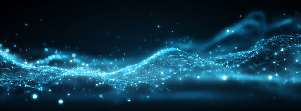 Abstract blue background with digital sound waves, polygonal dots, and glowing connections in a dark space. Vector illustration for high-tech music design