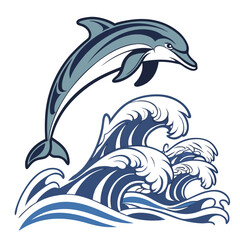 Dolphin leaping over stylized blue ocean waves jumping