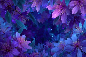 Vibrant blue and purple fantasy flowers framing a magical glowing space.