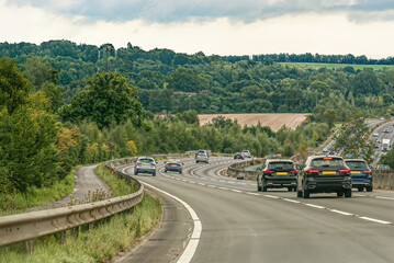 Cars on a motorway to Brighton, England, cars moving on a motorway. UK