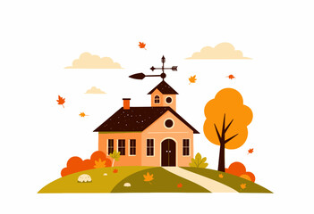 Charming Autumnal Cottage with Rustic Weather Vane Surrounded by Colorful Falling Leaves in a Serene Countryside Setting