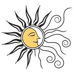 Yellow sun face with black swirling rays moon celestial