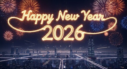 Bright neon happy new year 2026 celebration over cityscape with fireworks