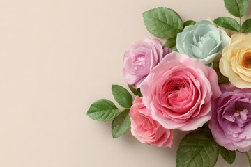Fototapeta premium A charming bouquet of colorful roses with green leaves on a soft beige background.