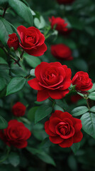 Obraz premium A vibrant display of velvety red roses blooms among lush green foliage, creating a captivating and romantic natural garden scene in soft diffused daylight outdoors.
