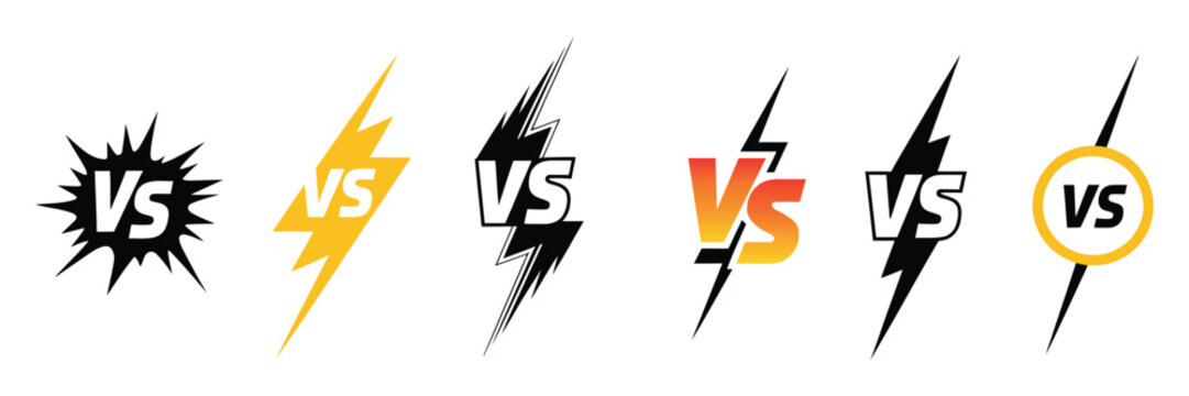 Set of 6 Versus Battle Match Logos with VS Text on White Background &ndash; Starburst, Lightning, and Circular Icons for Gaming or Sports Interface