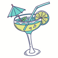 Colorful cocktail glass with umbrella and lemon slice