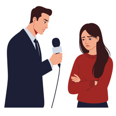 Journalist interrogating woman microphoned for interview emotionally charged confrontation scene illustration