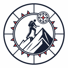 Hiker climbing mountain inside compass circle logo