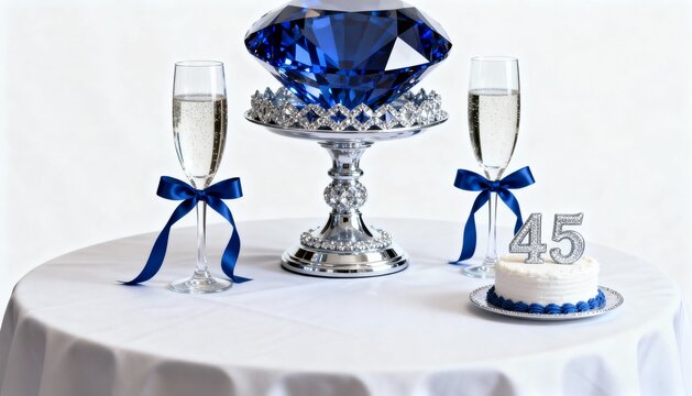 Sapphire wedding anniversary table with large blue gem centerpiece and champagne flutes