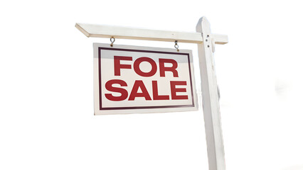 A close up of a white for sale sign with red lettering on a white background