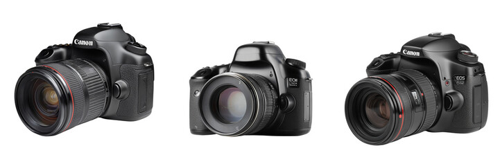 Fototapeta premium Set of Front view of a DSLR camera with detachable lens on transparent png background. Ai generated