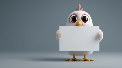 Cartoon chicken holding blank sign on grey background, simple style, space for text below
