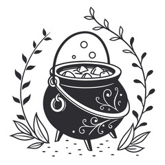 Black cauldron icon with bubbling potion and floral branches