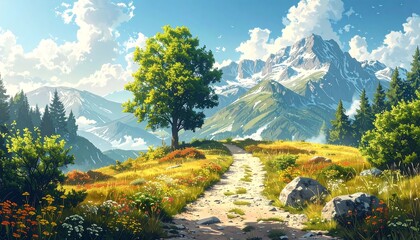 A beautiful landscape of a path leading to mountains in a sunny day