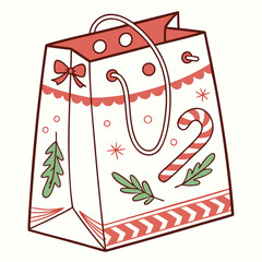 Cute Christmas gift bag with candy cane and pine holiday packaging