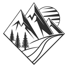 Geometric mountain range with sun and trees logo vector