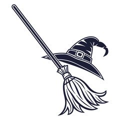 Dark blue witch hat and broom icon on white halloween
