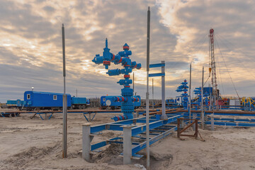 The Northern gas field. Summer. Cloudy weather. The infrastructure of the gas production site. The...