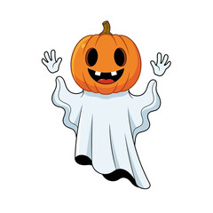 Cute cartoon ghost character with a pumpkin head for Halloween.