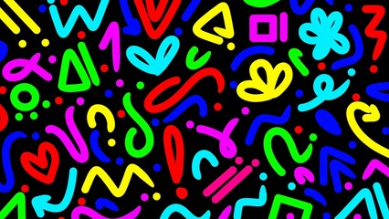 Colorful abstract doodle on black. Colorful line background. Creative minimalist style art background for children or trendy design with basic shapes. Simple childish scribble backdrop
