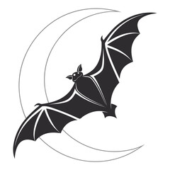 Black bat flying in front of crescent moon icon night 1