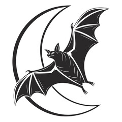 Black bat flying in front of crescent moon icon symbol