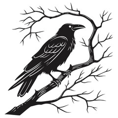 Black crow perched on bare tree branch vector raven