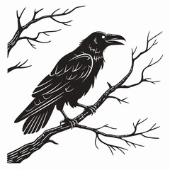 Black crow perched on bare tree branch vector silhouette