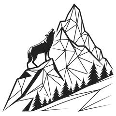 Black wolf howling on polygonal mountain with pine trees