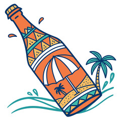 Colorful beach cocktail bottle with palm tree and umbrella