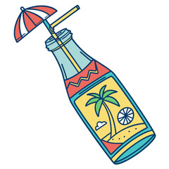 Colorful beach cocktail bottle with umbrella and palm tree